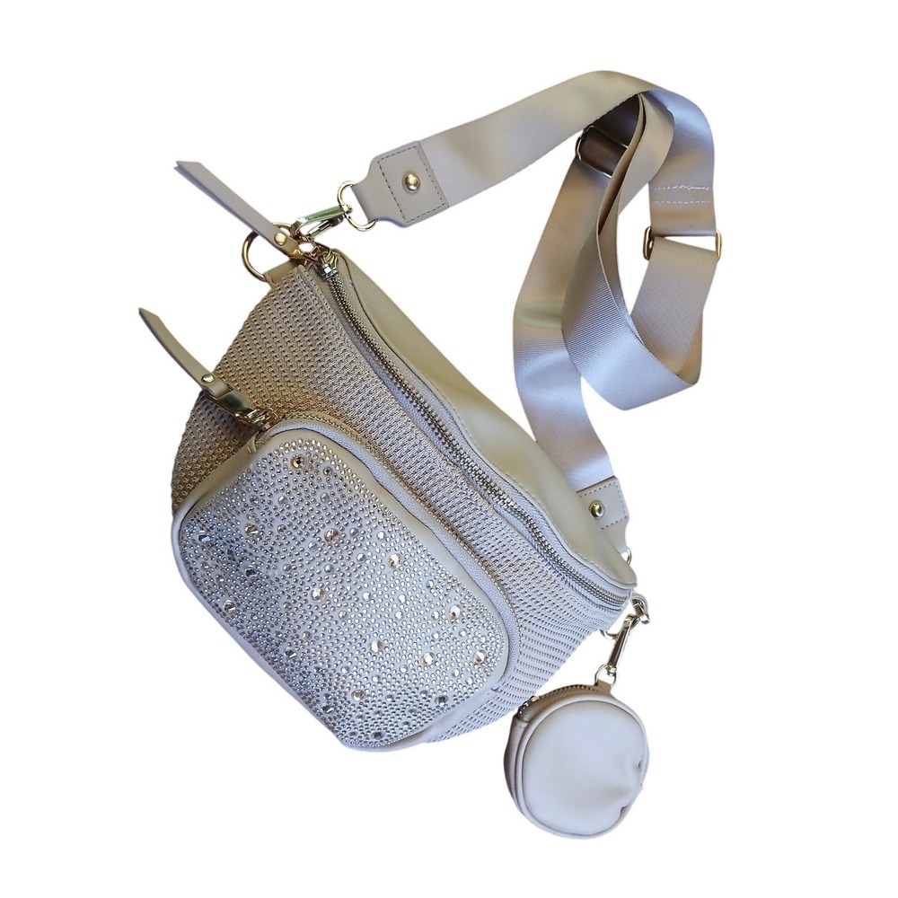 Madden NYC Cream Rhinestone Mesh Belt Bag Crossbody with Coin Purse Accessory